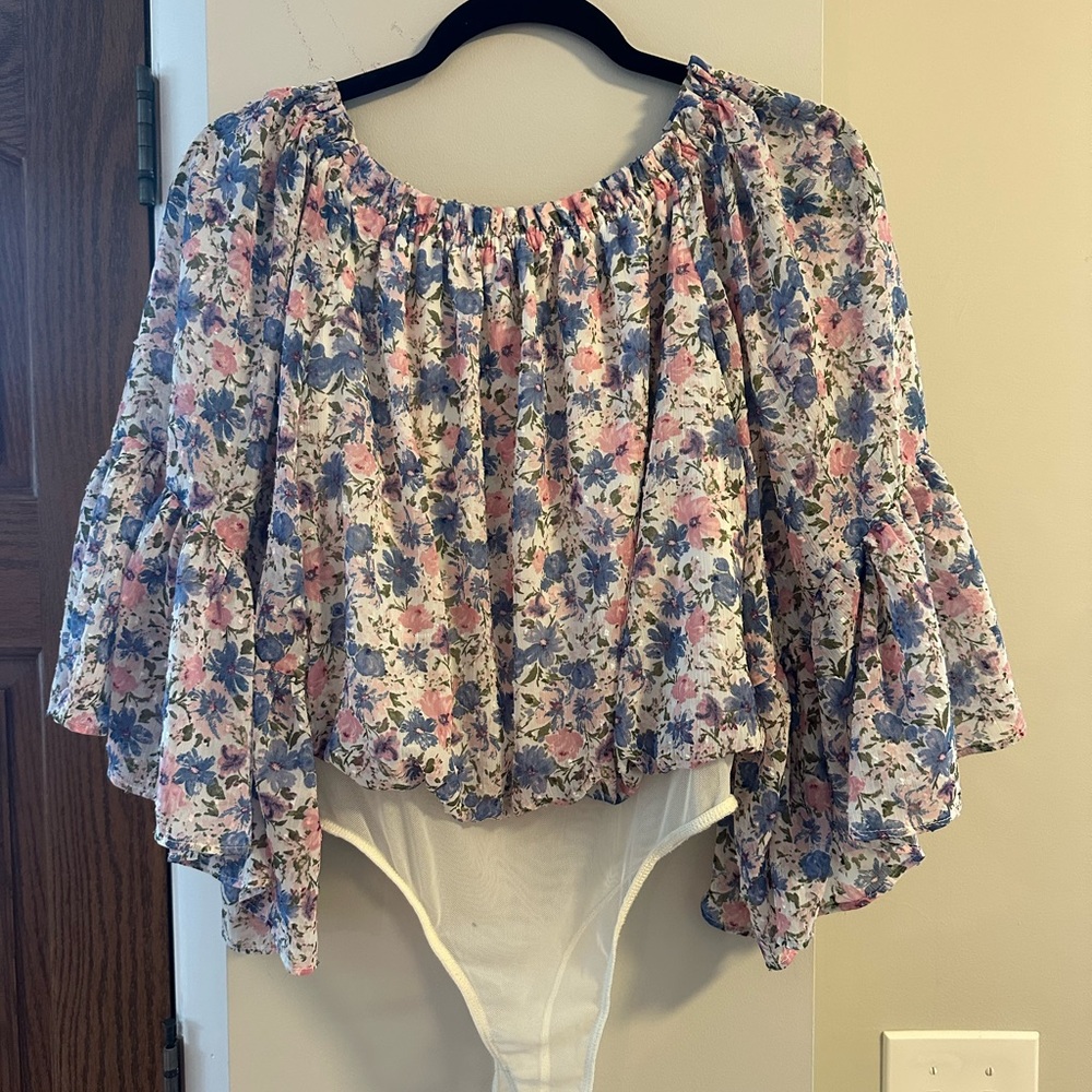 Lush Floral Ruffle Sleeve Blouse - Pink and Blue